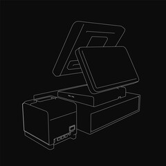 Fototapete - A black and white line art illustration of a computer and printer on a dark background, resembling a cash machine contour. The monitor and printer stand out with clean, minimalist details.