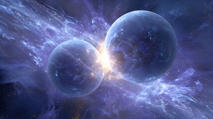 Wall Mural - Two celestial spheres colliding amidst a vibrant nebula with bright light and cosmic dust clouds
