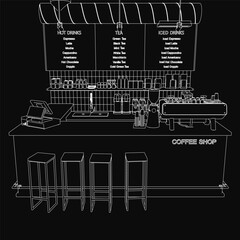 Poster - A black and white contour drawing of a cozy coffee house features a table with stools, scattered objects, and a text-covered board. The dark background creates a mysterious, artistic ambiance.