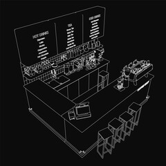 Poster - A black and white contour drawing of a cozy coffee house featuring a counter with stools. Various bottles and glasses are neatly arranged on the counter.