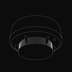 Fototapete - A black and white contour drawing of a smoke detector with detailed ridges and grooves, isolated on a dark background. The clean line art emphasizes fire safety with precise technical accuracy.