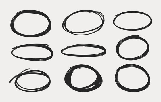 Set of marker vector ovals. Round mark on white for text highlighting. Hand drawn encircle signs collection.