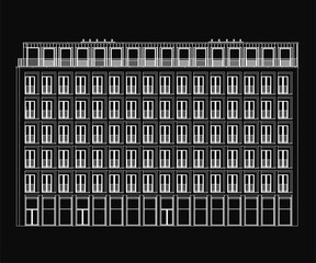 Poster - Multi-storey building blueprint displays detailed contours, windows, and balconies on a dark background. The architectural drawing highlights structural elements with clean lines and precise.