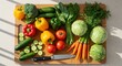 © Mikhail - Fresh organic colorful vegetables neatly arranged on a wooden cutting board with knife
