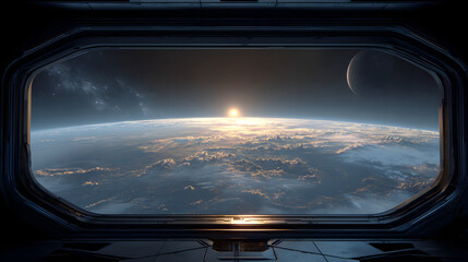 Wall Mural - View of earth and moon from a spaceship window with sunrise over the planet and starry sky visible
