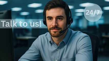 Poster - An attentive operator wearing a headset is depicted working at the service desk and is ready to provide customer support. The call center agent is available 24/7. customer support service