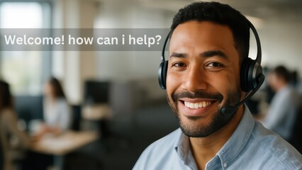 Poster - A professional male customer service representative, wearing a headset, radiates approachability and warmth, inviting viewers to connect and share. Focus on customer interaction.