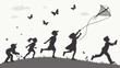 © Georgking - Joyful black and white silhouette of children running and flying a kite on a grassy hill, with butterflies, depicting happy outdoor childhood play and freedom.