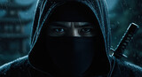 Close up portrait of a mysterious ninja warrior with intense eyes in a dark, rainy setting