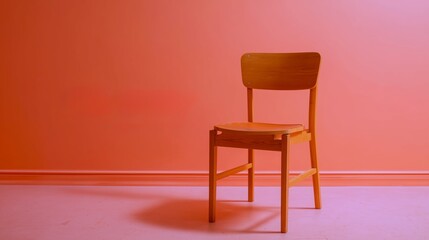 Poster - Minimalist wooden chair against a vibrant orange wall in a well-lit room during daytime