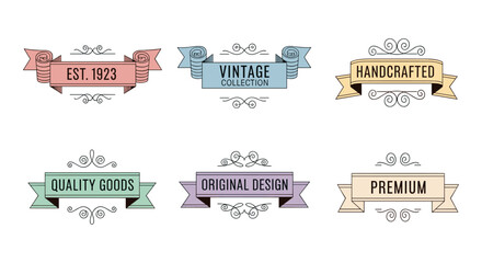 Leinwandbilder - Set of six vintage-style banners with ornate flourishes, featuring text like 'Est. 1923', 'Vintage Collection', and 'Premium Quality'.