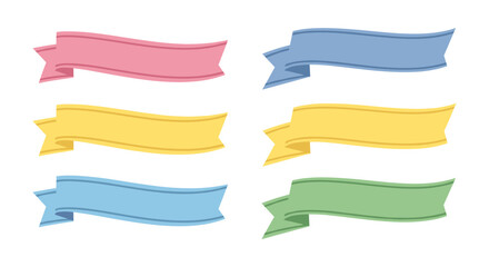 Leinwandbilder - A set of six pastel-colored ribbon banners in pink, yellow, blue, and green are isolated on a white background, perfect for adding text or design elements.