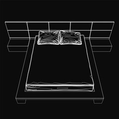 Poster - Black and white contour illustration of a bed with two plump pillows, set against a dark background for contrast. The minimalist design highlights clean lines and simple shapes.