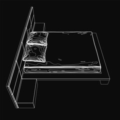 Fototapete - A black and white line drawing of a simple table with a piece of paper on top, featuring clean contour lines. The dark background emphasizes the minimalist design, resembling a bed frame sketch.