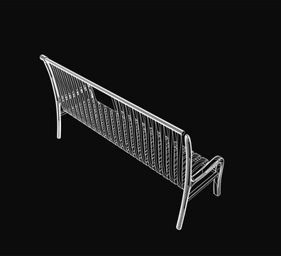 A 3D model of a bench with clean contours stands out against a black background. The realistic rendering highlights smooth edges and modern design. The dark backdrop emphasizes the bench's shape.
