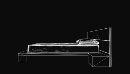 Poster - Black contour illustration of a bed with a single pillow, rendered in clean line art style. The minimalist design features sharp outlines against a dark background.