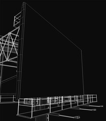 Poster - A 3D wireframe model of a building under construction, displayed on a black background. The blueprint reveals intricate structural details, resembling a futuristic billboard design.