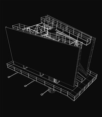 Aufkleber - A 3D wireframe billboard model stands on a central pole against a black background, featuring a grid-like structure with clean lines and smooth curves. Geometric details emphasize the modern design