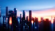 © AshrofS - A futuristic city skyline at sunset with tall skyscrapers and glowing lights under a vibrant blue and orange sky.