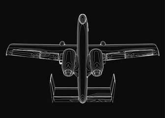 Poster - A detailed black and white combat aircraft drawing stands out against a stark black background. The contour of the airplane features clearly defined wings, a pointed nose, and visible engines.