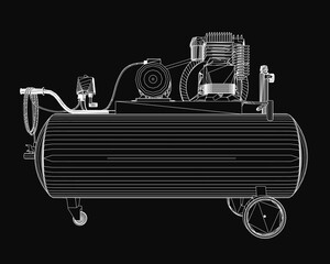 Poster - A black and white contour drawing of an air compressor with detailed components stands out against a dark background. The intricate mechanical parts are clearly defined.