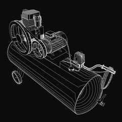 Poster - A black and white 3D model of an air compressor with detailed pistons, valves, and mechanical components. The contour drawing features intricate industrial design on a dark background.
