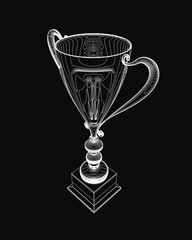 Poster - A black and white contour drawing of a trophy cup with intricate details, featuring a handle and spout on a dark background. The glossy finish enhances the elegant design.
