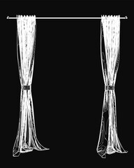 Poster - Two curtains hang on a clothes line in a detailed black and white sketch. The contour lines are intricate, with delicate shading and folds. The solid black background creates a striking contrast.