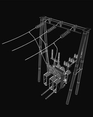 Poster - A 3D wireframe model of an electrical substation features intricate transformer details with visible wires and components. The black background highlights the complex structure.