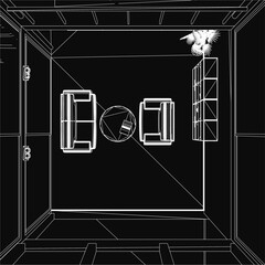 Poster - Black and white contour drawing of a living room with a door, window, and simple furniture. The blueprint-style illustration includes a plant and suggests a functional living space.