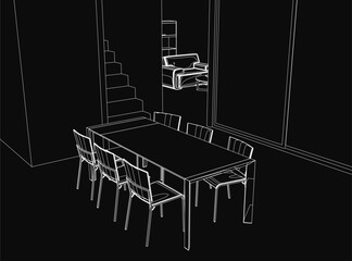 Poster - A black and white contour drawing of a dining room features a central table surrounded by chairs, with a staircase leading toward it. A sofa in the background adds warmth to the minimalist living.