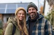 © Sanya Rocks - Happy couple standing near their home with solar panels on the roof, promoting sustainable living and the benefits of renewable energy solutions, Generative AI