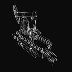 Poster - A detailed 3D wireframe model of an oil pump jack stands out against a black background. The blueprint features intricate lines and precise curves, highlighting the machine's mechanical complexity.