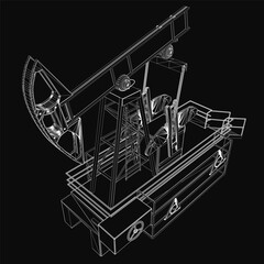 Poster - A detailed 3D wireframe model of an oil pump jack stands out against a black background. The blueprint features intricate lines and precise curves, highlighting the machine's mechanical complexity.