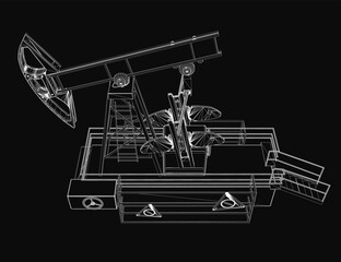 Poster - A detailed 3D wireframe model of an oil pump jack stands out against a black background. The blueprint features intricate lines and precise curves, highlighting the mechanical complexity.