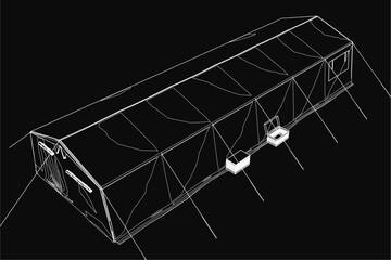 Poster - A black and white contour drawing of a tent stands out against a dark background with crisp white outlines. The simple geometric shape features clean lines, subtle shading, and a minimalist design.