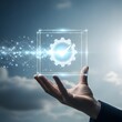 © Shutter Wisp - Hand Holding a Glowing Cube with Gear and Checkmark Symbol Against Cloudy Sky Background