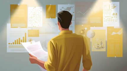 Poster - Person analyzing documents on a wall, engaged in research and planning during the day in an indoor office space