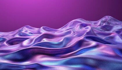 Poster - Abstract 3D render features flowing, wavy fabric in vibrant purple, blue hues, reminiscent of water liquid silk. Evokes futuristic, high-tech aesthetic with smooth, shimmering texture, subtle glitter.