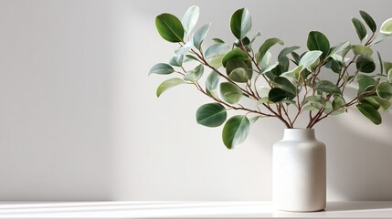 Poster - Beautiful arrangement of green leaves in a ceramic vase on a bright windowsill showcasing natural light and minimalistic decor