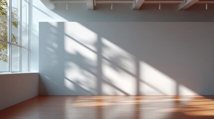 Poster - Sunlight casts shadows in a modern art gallery during the afternoon, highlighting the spacious interior design and wooden flooring