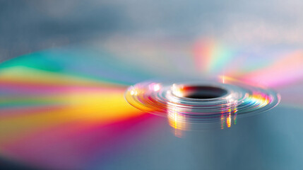 Poster - Abstract macro shot of a disc reflecting vibrant rainbow colors. Perfect for tech, data, music, or creative industry themes. Modern, sleek, and eyecatching.