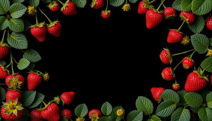 black background, succulent strawberry frame, central copy space, advertising, juicy