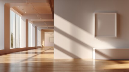 Poster - Gallery interior showcasing natural light streaming through large windows with wooden flooring in a modern art space