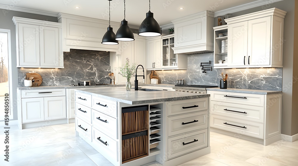 Open concept kitchen with all-white shaker cabinets, grey marble ...