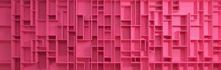 Poster - Pink shelves create geometric background with cube-like niches. Arrangement forms visually interesting pattern, resembling abstract architectural elements modular shelving system. Pink color