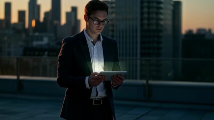 Poster - Young caucasian businessman with glasses is looking at glowing tablet computer at sunset on skyscraper rooftop footage.