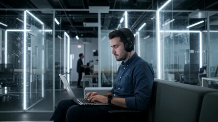 Poster - Young caucasian man focused on his laptop, wearing headphones in a modern office environment. New gen startup footage.