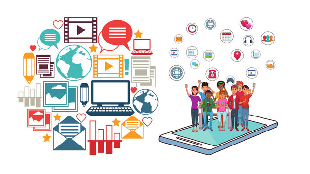 Conceptual artwork portraying digital networking and social media connectivity, perfect for visual communication on modern technology and community engagement themes.