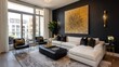 © Sampao - Bold interior accent wall painted in matte black with gold accessories and modern artwork creating dramatic contrast